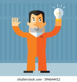 Prisoner get the idea holding bulb. Flat style vector illustration on gray background. American prisoner in orange uniform