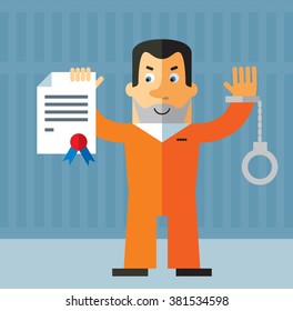 Prisoner  with graduation diploma. Flat style vector illustration on gray background. American prisoner in orange uniform