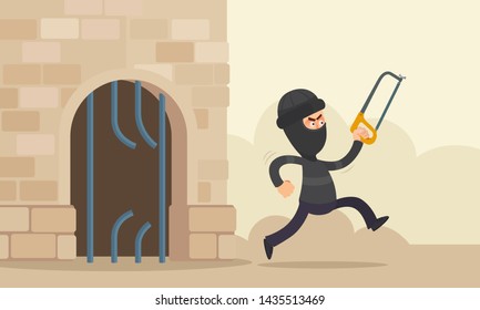 Prisoner with hacksaw free himself from prison. Jail break. Running criminal in black suit. Vector illustration, flat design, cartoon style.