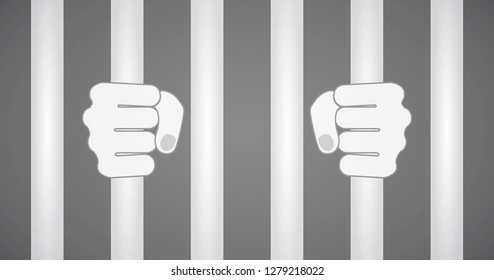 Prisoner Hands holding Jail Bars in flat icon design in black and white color background