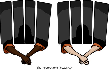 Prisoner holding arms outside of a jail cell. Includes two variations.