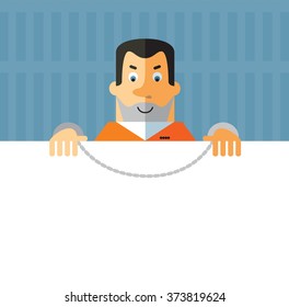 Prisoner holding a blank sheet. Flat style vector illustration on gray background. American prisoner in orange uniform