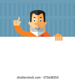 Prisoner holding a blank sheet and making attention gesture with forefinger. Flat style vector illustration on gray background. American prisoner in orange uniform
