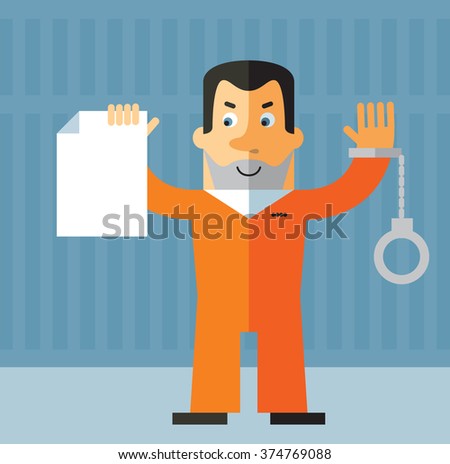 Prisoner holding blank sheet of paper. Flat style vector illustration on gray background. American prisoner in orange uniform
