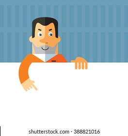 Prisoner holding a blank sheet pointing. Flat style vector illustration on gray background. American prisoner in orange uniform