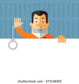 Prisoner holding a blank sheet and waving hand greeting. Flat style vector illustration on gray background. American prisoner in orange uniform
