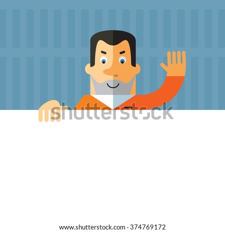 Prisoner holding a blank sheet and waving hand greeting. Flat style vector illustration on gray background. American prisoner in orange uniform