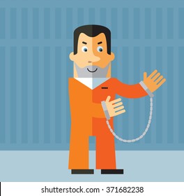 Prisoner holding a blank sign. Flat style vector illustration on gray background. American prisoner in orange uniform