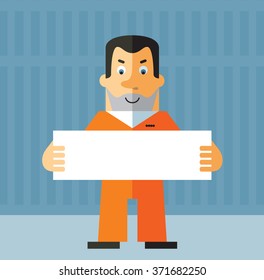 Prisoner  holding a blank sign. Flat style vector illustration on gray background. American prisoner in orange uniform