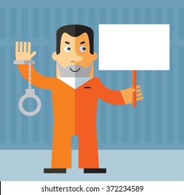 Prisoner holding a blank sign. Flat style vector illustration on gray background. American prisoner in orange uniform