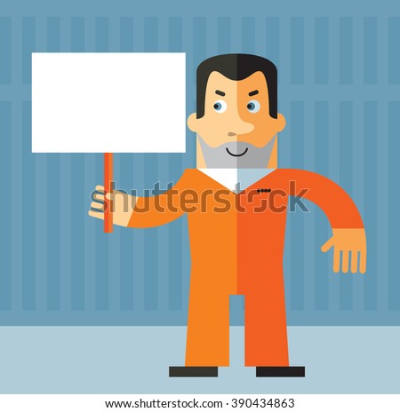 Prisoner holding a blank sign. Flat style vector illustration on gray background. American prisoner in orange uniform