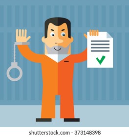 Prisoner  holding check list. Flat style vector illustration on gray background. American prisoner in orange uniform