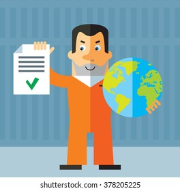 Prisoner holding a globe and check list with green mark. Flat style vector illustration on gray background. American prisoner in orange uniform
