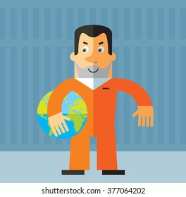 Prisoner holding a globe. Flat style vector illustration on gray background. American prisoner in orange uniform