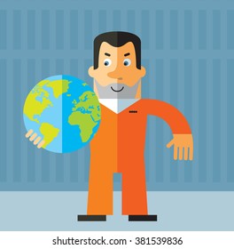 Prisoner holding a globe. Flat style vector illustration on gray background. American prisoner in orange uniform