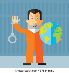Prisoner holding a globe and waving hand. Flat style vector illustrati on on gray background. American prisoner in orange uniform