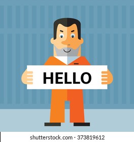 Prisoner  holding a hello sign. Flat style vector illustration on gray background. American prisoner in orange uniform