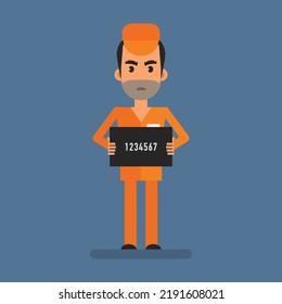 Prisoner holding sign with number. Flat people. Vector Illustration