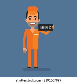 Prisoner holding sign that says released. Flat people. Vector Illustration