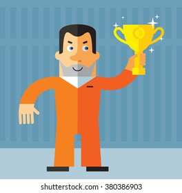 Prisoner holding winning trophy. Flat style vector illustration on gray background. American prisoner in orange uniform