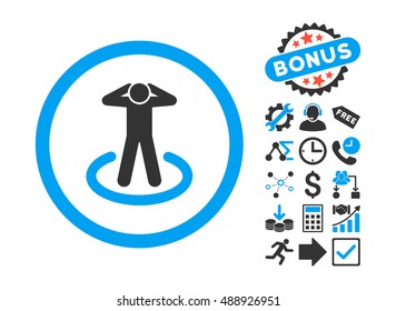 Prisoner icon with bonus pictogram. Vector illustration style is flat iconic bicolor symbols, blue and gray colors, white background.