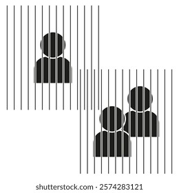 Prisoner icon. Inmate vector silhouette. Behind bars symbol. Black criminal outline.