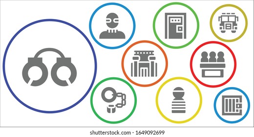 prisoner icon set. 9 filled prisoner icons. Included Handcuffs, Burglar, Death penalty, Prisioner, Prison, Jury, Jail icons