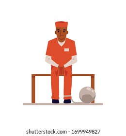 Prisoner or inmate in orange suit and legs shackles cartoon character sitting on bench in courthouse, flat vector illustration isolated on white background.