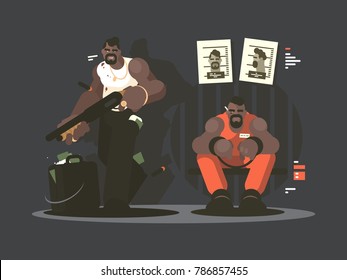 Prisionero en prisión por robo a mano armada. Ilustración de vectores plano