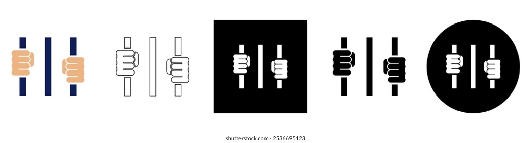 Prisoner in jail behind bars holds rods hands , criminal arrested vector pictogram sign icon symbol ui and ux design, glyphs and stroke line