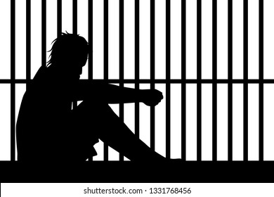 Prisoner In Jail Silhouette Vector, People On White Background