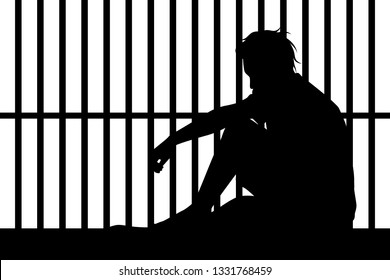 Prisoner In Jail Silhouette Vector, People On White Background