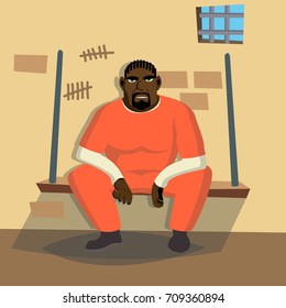 Prisoner In Jail Vector. Gangsta Man Arrested And Locked. Flat Cartoon Illustration
