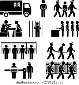 Prisoner and Jail Vector Icon Set with Inmates, Police Guard Escort, Interrogation, Mugshot Lineup, and Correctional Facility Concept