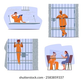 Prisoner lifestyle and occupation during punishment imprisonment cartoon scene vector illustration. Man and woman criminals self education, rest, meeting with relatives, daily routine behind bars