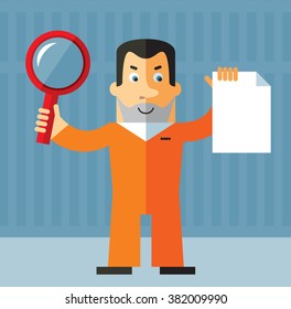 Prisoner with magnifier glass holding blank sheet of paper searching. Flat style vector illustration on gray background. American prisoner in orange uniform