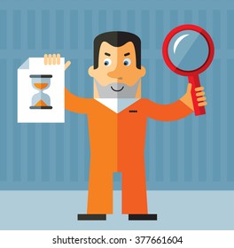 Prisoner with magnifier glass and preloader icon. Searching. Flat style vector illustration on gray background. American prisoner in orange uniform