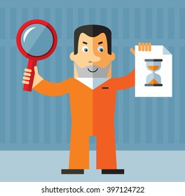 Prisoner with magnifier glass and preloader icon. Searching. Flat style vector illustration on gray background. American prisoner in orange uniform