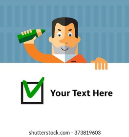Prisoner making green check mark in check box. Voting. Right Choice. Flat style vector illustration on gray background. American prisoner in orange uniform