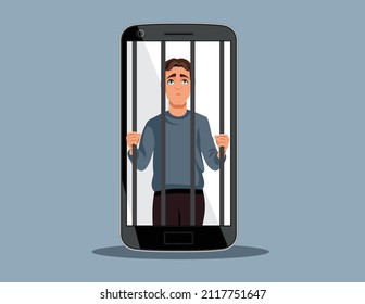 
Prisoner Man Behind Bars in a Cell Phone Jail Vector Illustration. Young person suffering from nomophobia being addicted to technology
