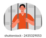 Prisoner man concept. Young guy in red jumpsuit sitting in cell. Criminal in jail. Lawbreaker with punishment. Justice and laws. Cartoon flat vector illustration isolated on white background
