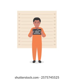 Prisoner in orange holding a police department banner , as a mugshot photo, at police office vector illustration