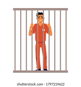 Prisoner in orange suit behind bars of a prison cell, flat vector illustration isolated on white background. Punishment system for crime and law breaking.