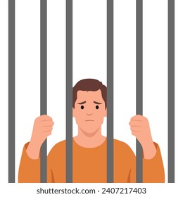 Prisoner in orange suit behind bars of a prison cell. Flat vector illustration isolated on white background