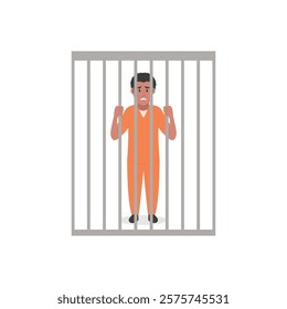 Prisoner in orange suit behind bars of a prison cell, flat vector illustration isolated on white background.