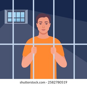 Prisoner in orange suit behind bars of a prison cell. Punishment system for crime and law breaking. Arrested guilty man.