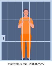 Prisoner in orange suit behind bars of a prison cell. Punishment system for crime and law breaking. Arrested guilty man.