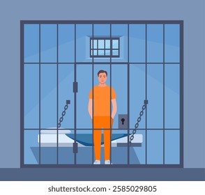 Prisoner in orange suit behind bars of a prison cell. Punishment system for crime and law breaking. Arrested guilty man.