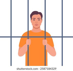 Prisoner in orange suit behind bars of a prison cell. Punishment system for crime and law breaking. Arrested guilty man.