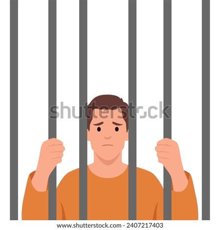 Prisoner in orange suit behind bars of a prison cell. Flat vector illustration isolated on white background
